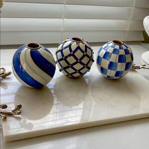 💙McKenzie Childs Royal Check Royal Strip ball candleholders- Authentic-set of 3